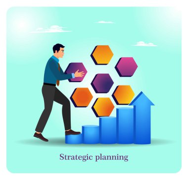 Stratejik planlama kavramı. İş Lideri, yükselen mavi çubukların üzerine renkli altıgenler koyarak büyümeyi ve yapısal karar vermeyi sembolize ederek stratejik planlamayı ilerletiyor..