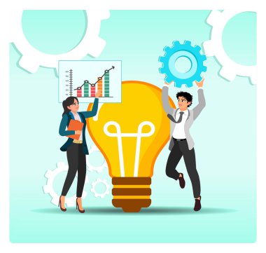 Profesyoneller büyümeyi, problem çözmeyi ve takım çalışmasını resmetmek için grafikler ve dişliler tarafından desteklenen parlak bir ampul etrafında işbirliği yaparlar. Vizyon beyanı kavramı.