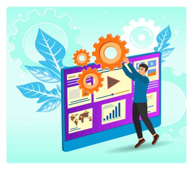 Teknisyen, grafikler, haritalar ve medya elemanlarıyla dolu gösterge paneline büyük boy vites ayarlıyor. Yenilik, işbirliği ve dijital gelişimi sembolize ediyor. Web sitesi bakım kavramı.