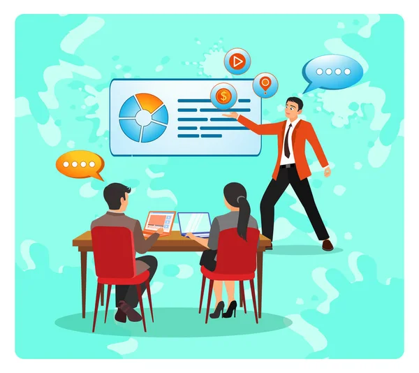 Sunucu, veri güdümlü bir toplantı sırasında ekibe rehberlik ediyor. Ofiste tartışmalar, işbirliği ve stratejik planlama. Pazarlama karşılama kavramı.