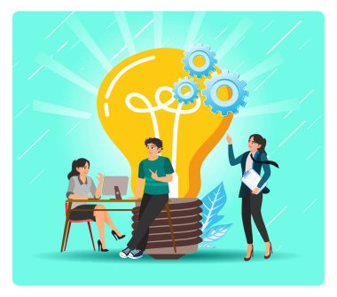 İş adamları dev bir ampul ve dişlilerin yanında birlikte çalışıyorlar. Fikirleri, yeniliği ve işbirlikçi problem çözmeyi sembolize ediyor. Başlangıç merkezi kavramı.