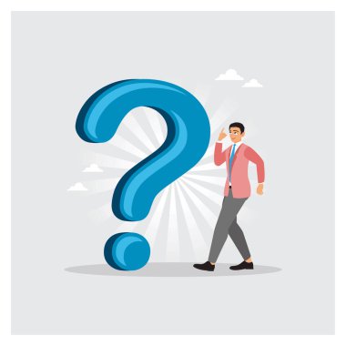 Kafası karışmış bir işadamı büyük mavi bir soru işaretine bakarken düşünür. Çözülmesi gereken büyük problemler, kararlar vermek ve zor sorular sormak. Hırs ya da kariyer yolu kavramı.