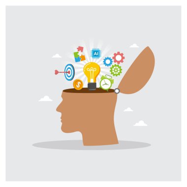 Hüner sembolleriyle dolu açık fikirli, açık fikirli bir insan kafası. Yeni beceriler, bilgi, yeni fikirler, becerileri geliştirmek ya da akıllıca düşünmek. Başarı konsepti.