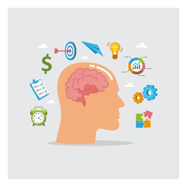 Planlama, hedefler, zaman, dişliler ve işbirliğini temsil eden ikonlara sahip insan beyni. Fikirleri, öğrenmeyi ve üretken düşünmeyi yakalıyor. İş, iş ve kariyer kavramı.