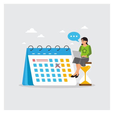 İş kadını, kum saati ve takvim randevusunda dizüstü bilgisayarla çalışır. Planlama, teslim tarihi, zaman yönetimi, meşgul, hatırlatıcı ve planlayıcıları tanımlar. İş, iş ve kariyer kavramı.