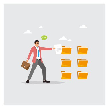 İşadamı belge dosyalarını arşive koydu. Dosya dizinlerinin düzenlenmesini, arşiv belgelerinin, idari işlerin, dosya yönetiminin ve verilerin düzenlenmesini tanımlar. İş, iş ve kariyer kavramı.