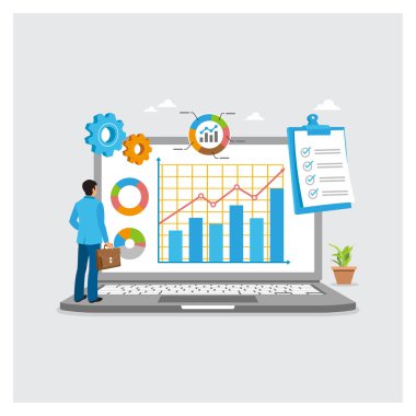 İş adamları renkli çizelgeler ve grafikler kullanarak dizüstü bilgisayarlardaki verileri analiz ederler. Dişliler, panolar ve bitkiler iş akışını, analizi ve stratejik planlamayı temsil ediyor. Problem kavramını çözmenin yolu.