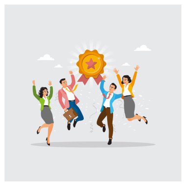 Profesyoneller parlak bir altın madalyanın etrafında zıplayarak büyük bir başarıyı kutluyorlar. Bir şirkette başarı, takım çalışması, takdir ve motivasyon taşır. Meydan okuma ve başarı kavramı.