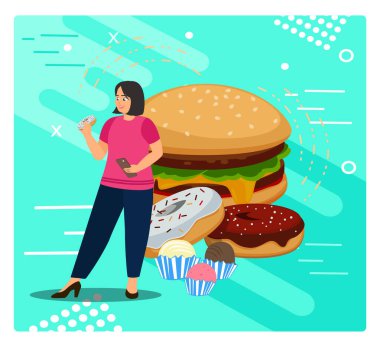Aşırı yeme alışkanlığı. Pembe bluzlu bir kadın şekerlerin tadını çıkarırken istiflenmiş hamburger ve kekler kalın bir turkuaz arka planda parıldıyor..
