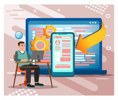 Çapraz platform yazılım kavramı. Teknik Geliştirici bir masada oturur, akıllı bir telefon düzgün bir uygulama görüntülerken bilgisayarda yazar..