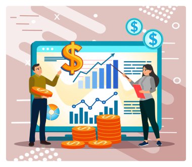 Finansal danışman konsepti. Yükselen grafikler, dolar sembolleri ve istiflenmiş paraların yer aldığı bir bilgisayar ekranının yer aldığı bir iş sunumu sahnesi..