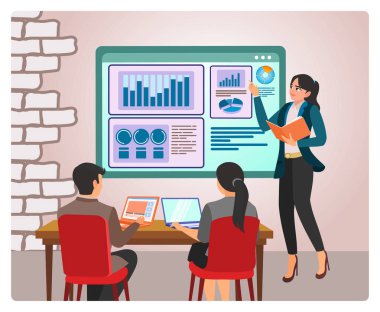 Atölye konsepti. İş Sunumu, ortak bir iş toplantısı sırasında bir masadaki iki meslektaşa veri görselleştirmelerini, çizelgeleri ve içgörüleri göstermelerini açıklar..