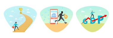 Kararlı bir iş kadını parlak turuncu bir merdivenle parlak bir kupaya doğru yükseliyor. Bir hırsız para çantasıyla koşar. Akıllı bir telefon bir banka arayüzü gösterir. GSYİH harflerinin üstünde bir işadamı.