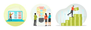 Görevleri öncelik sırasına göre dizüstü bilgisayarı olan iş adamı. Takım İşbirliği ve Konuşma Baloncuklarıyla Beyin Fırtınası. Adam Yığılmış Nakit Üzerinde Dururken Yeşil Para Birimi Bloklarını Kaldırıyor.