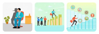 Bir iş adamı parlak turuncu bir ofis koltuğunda oturur. Sahtekarlığı sembolize ediyor. Bir grup meslektaş, bir iş arkadaşının yükselen bir bar tablosuna tırmanmasını izliyor. İşadamı Başarı Yolundaki Blokların Merdivenlerine Tırmanıyor.