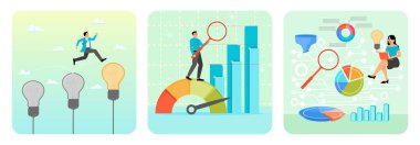 Mavi takım elbiseli bir iş adamı büyük boy ampuller arasında sıçrayıp fikirleri sembolize ediyor. İşadamı büyüteçle veri büyümesini analiz ediyor. İş kadını dizüstü bilgisayarla oturuyor..