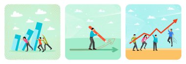 Takım çalışması, domino taşının düşmesini engellemeye yardımcı olur. İşadamı, yukarı doğru ok çeken kocaman bir kalem taşıyor. Takım işbirliği, iş başarısını artırmak için yükselen ok grafiği oluşturmaya yardımcı olur