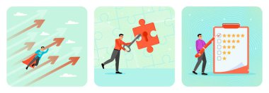 Kırmızı gömlekli bir işadamı, anahtar deliğiyle parlak bir yapboz parçasını açmak için dev bir anahtar kullanır. İşadamı yıldız değerlendirmesi için kalem kullanıyor. Yükselen okla uçan iş adamı süper kahraman.