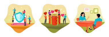 Ekip büyük bir VPN kalkanını gösteren bir dizüstü bilgisayarın etrafında iş birliği yapıyor. Müşteriler sadakat ödüllerini ödemek için kalp şeklinde hediye çekleri tutarlar. Aday sorusuna iş görüşmesinde cevap ver, iletişimi sembolize et