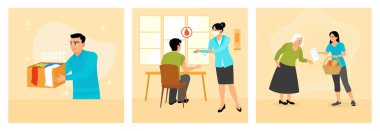 Elinde oyuncak ve bağışlanacak kıyafetlerle dolu bir karton kutu tutan bir adam. Oturan adam kan bağışlamaya hazırlanırken gülümsüyor. Yemek sepeti taşıyan kadın yaşlı bir insana yiyecek ve içecek veriyor..