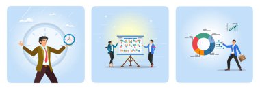 Dakik iş adamı, işi son teslim tarihine kadar bitirmek için tam zamanında saati tutuyor. İş adamları iş modelini beyaz tahtada sunar. İşadamı fon yöneticisi portföy pasta grafiğini düzenledi.