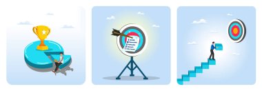 Bir insan dizüstü bilgisayarla kenarda otururken mavi pasta grafiğinin üzerinde altın bir kupa. Okçuluk, okçuluk, ok ve akıllı hedefler, not alın. Odaklanmış bir işadamı turkuaz bir merdivene tırmanır..