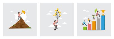 Dağın tepesindeki bir kadın kariyer başarısını simgeler. Uçan adamın elinde ampul ve teleskop var. Çalışanlar yönetici hedeflere ulaşmak için büyüme tablosuna tırmanıyorlar. Görüş ya da yeni zorluk kavramı.