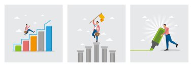 İş adamı başarıya giden merdivenlerle büyüme çizelgesini yükseltir. Zafer bayrağını taşıyan sütunların üzerinde dikiliyorlar. Yeşil fosforlu kalemle önemli işaretleri vurgular. Kariyer yolu kavramı.