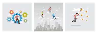 İşletme lideri büyümeyi çok renkli viteslerle yönetiyor. Menajer kağıt uçak origami takımını başarıya götürüyor. Kelebek ağıyla kanatlı gülen yüz yakala. Hırs ya da kariyer yolu kavramı.