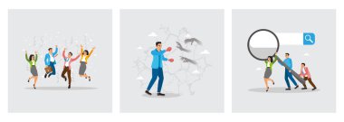 İş adamları başarıyı kutlamak için birlikte atlarlar. Boks eldivenli bir iş adamı, korku yumruğuyla dövüşüyor. İş adamları arama barına doğru dev bir büyüteç çekiyor. İş konsepti.