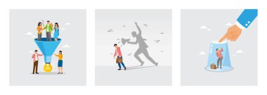 Grup dev bir mavi bacanın içinde durmuş, fikirleri tartışıyor. İşçi gölgesi kabadayısı megafonla suçlanıyor. İşadamı, küçük çalışanı içeride tutmak için bardağı tutuyor. İş konsepti.