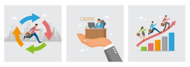 Alışkanlık döngüsel ok diyagramı üzerinde çalışan bir iş adamı. Masadaki bir iş adamıyla iş teklifi. İş adamları, yükselen oklar boyunca yükselen büyüme tablosu üzerinde tırmanıyorlar. İş konsepti.