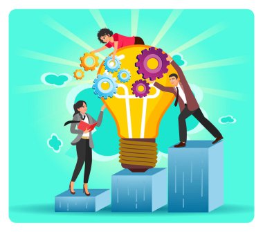 Büyük bir ampul ve renkli vitesler etrafında işbirliği yapan profesyoneller yükselen blokların üzerinde duruyor, büyümeyi, problem çözmeyi ve iş çözümlerini sembolize ediyorlar. Yaratıcı düşünme konsepti.