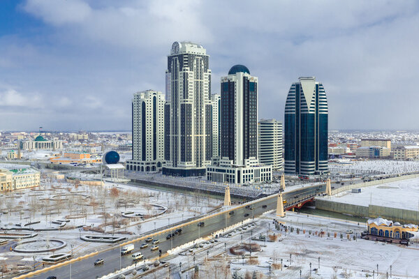 Multi-storey residential complex "Grozny City" in Grozny at night in winter. 