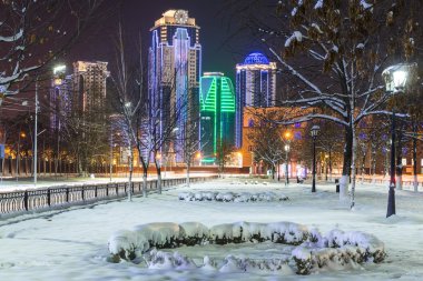 Grozni sokaklarında gece. Noel dekorasyon Grozni