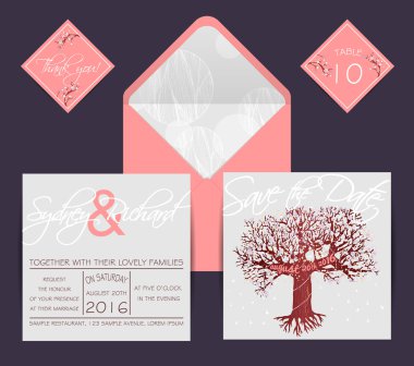 Beautiful wedding set with envelope, decorated with blooming tre clipart
