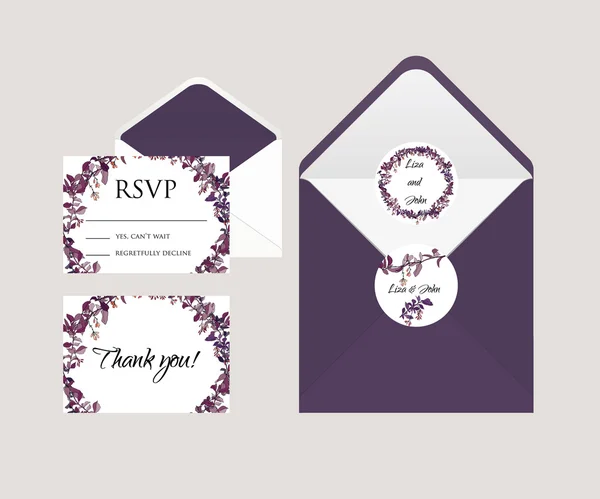 Cartões de casamento convite. cartão rsvp, envelope e adesivos — Vetor de Stock
