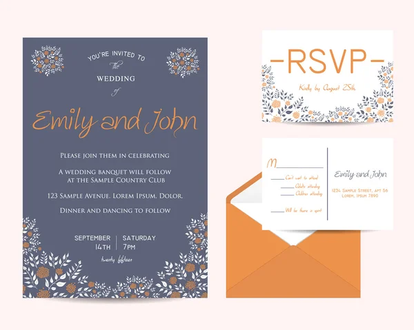 Conjunto floral de boda con invitación y tarjetas rsvp — Vector de stock