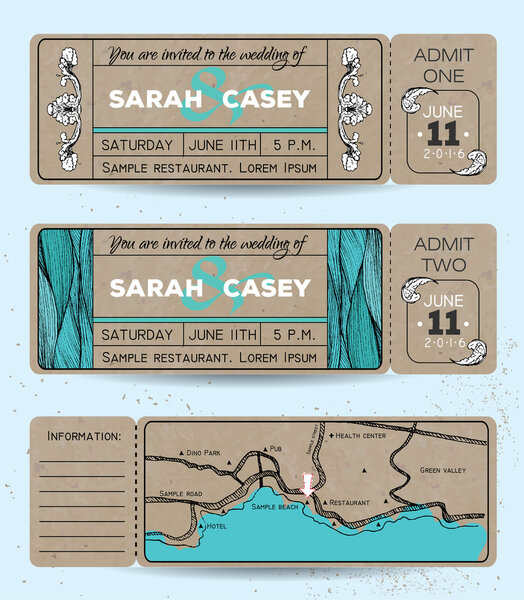 Marine wedding invitation set. Ticket to a sea party with road m
