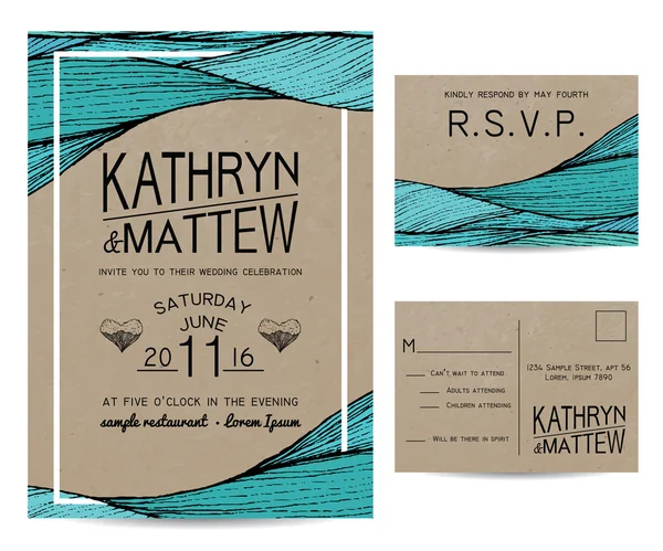 Invitación de boda con tarjeta rsvp. ornamento ondulado en kraft — Vector de stock