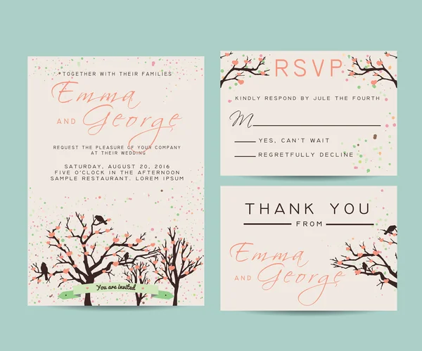 Belle invitation de mariage sertie d'arbres et de branches, décor — Image vectorielle