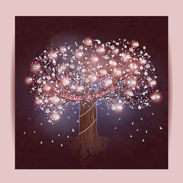 Szép virágzó fa, díszített csillogó fények virá — Stock Vector
