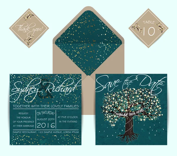 Hermoso conjunto de boda con sobre, decorado con bloomi de hadas — Vector de stock