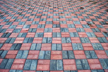 Kaya yüzeyinde kırmızı ve gri tuğlalar var. Birbirine kenetlenmiş tuğla düzeneği yürüyüş yolları ve garaj yolları için uygun desenli bir zemin örtüsü oluşturuyor..