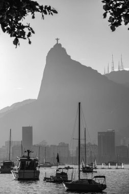 Black and White View of Boats and Corcovado with Christ the Redeemer from Mureta da Urca, Rio de Janeiro, Brazil