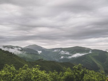 A panoramic view of misty green mountains in Low Tatra National Park, Slovakia. Layers of clouds drift over forested slopes under a dramatic overcast sky, creating a tranquil atmosphere.