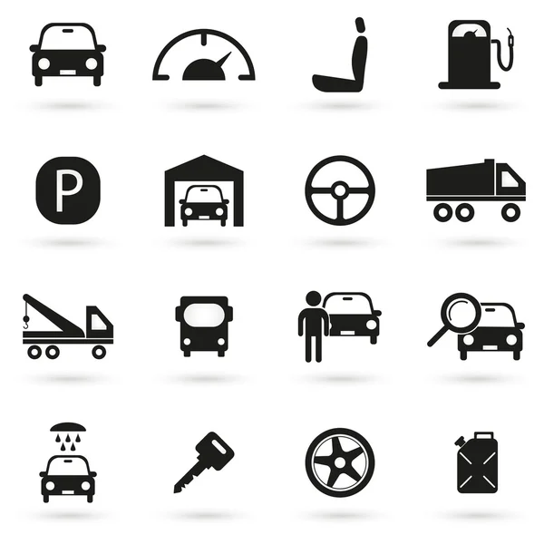Ícones de peças de carro preto no fundo branco — Vetor de Stock