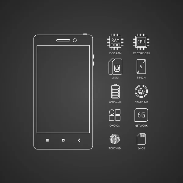 Смартфон / планшет спецификации плоские иконки линии. Гаджет дескрипт — стоковый вектор