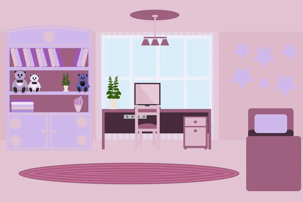 Pokoj pro holku vektorové ilustrace. Interiér pokoje pro dívky. Pokoj v růžové barvy skladem vektoru. Plochý design. Pokoj v plochý — Stockový vektor