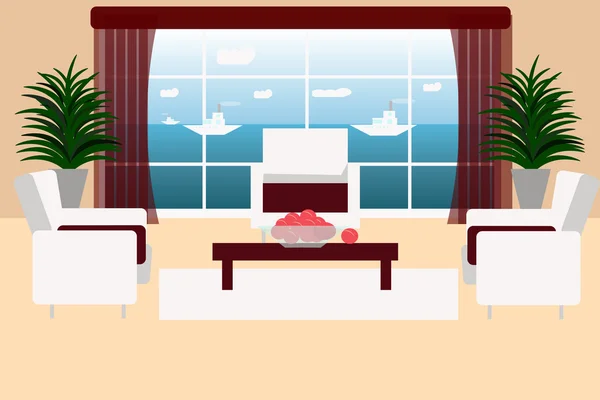 Woonkamer met uitzicht op de zee, vectorillustratie. Woonkamer interieur in vlakke stijl — Stockvector